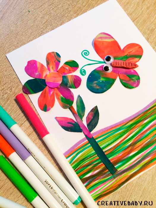 Бабочка и цветок в технике пластилинография для малышей (с шаблоном)